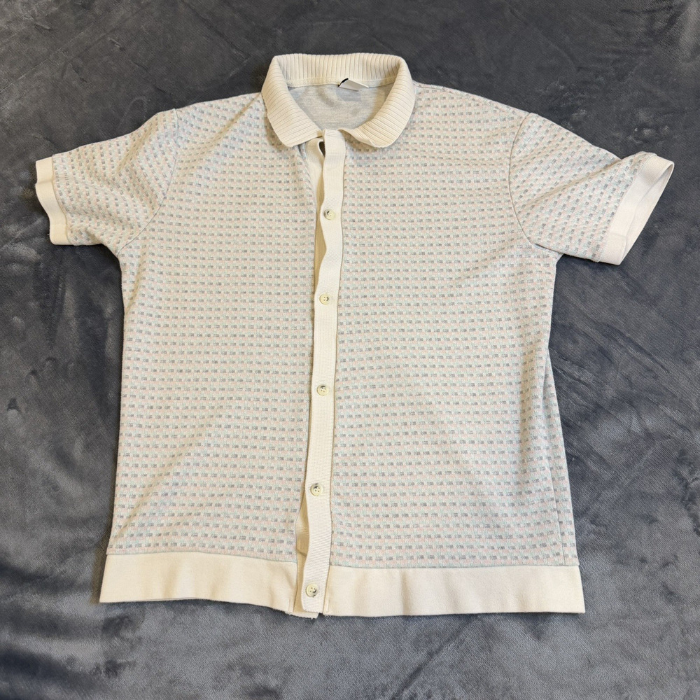Zara Man Jacquard Knit Polo Shirt Sz M Ivory Peach Mint Textured Button Up Retro